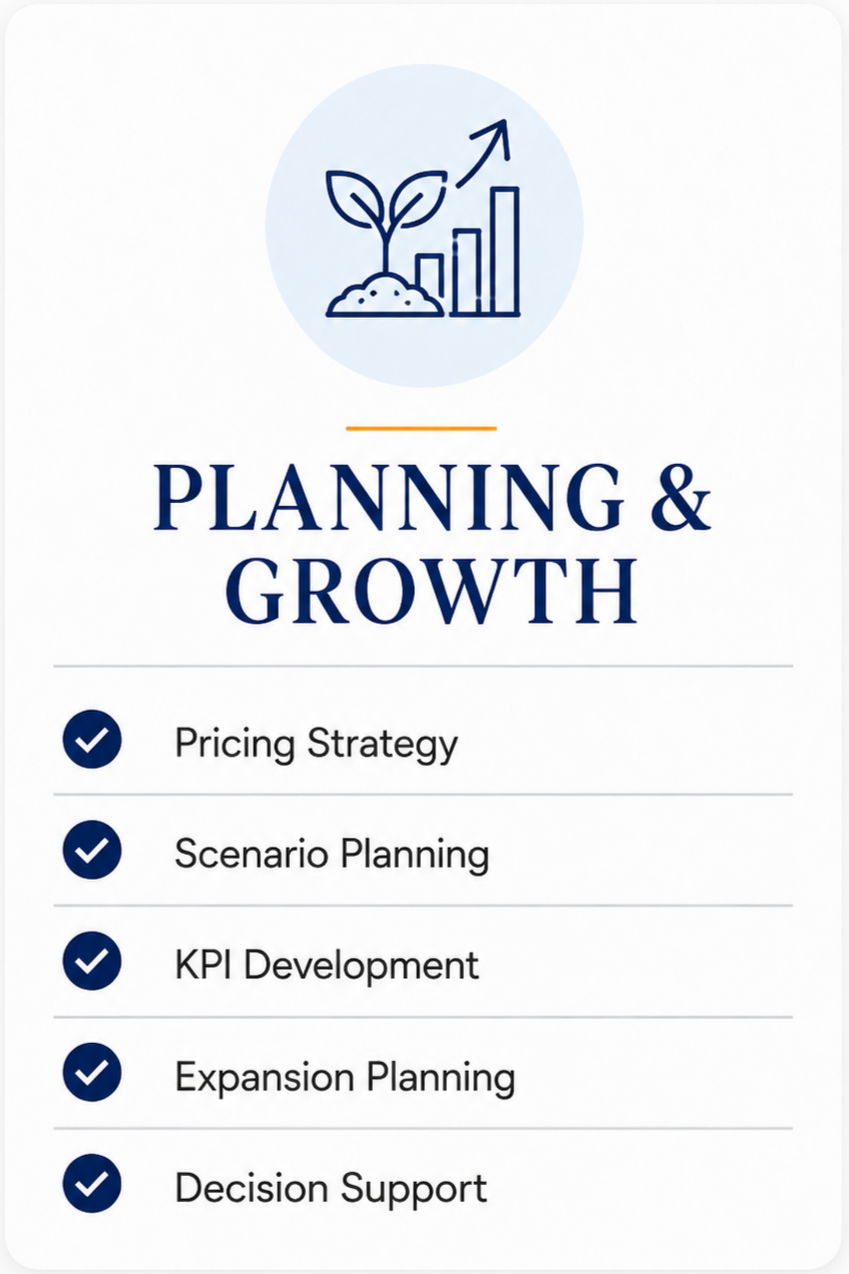 Small business planning and growth support, including pricing strategy, scenario planning, KPI development, expansion planning, and decision support.