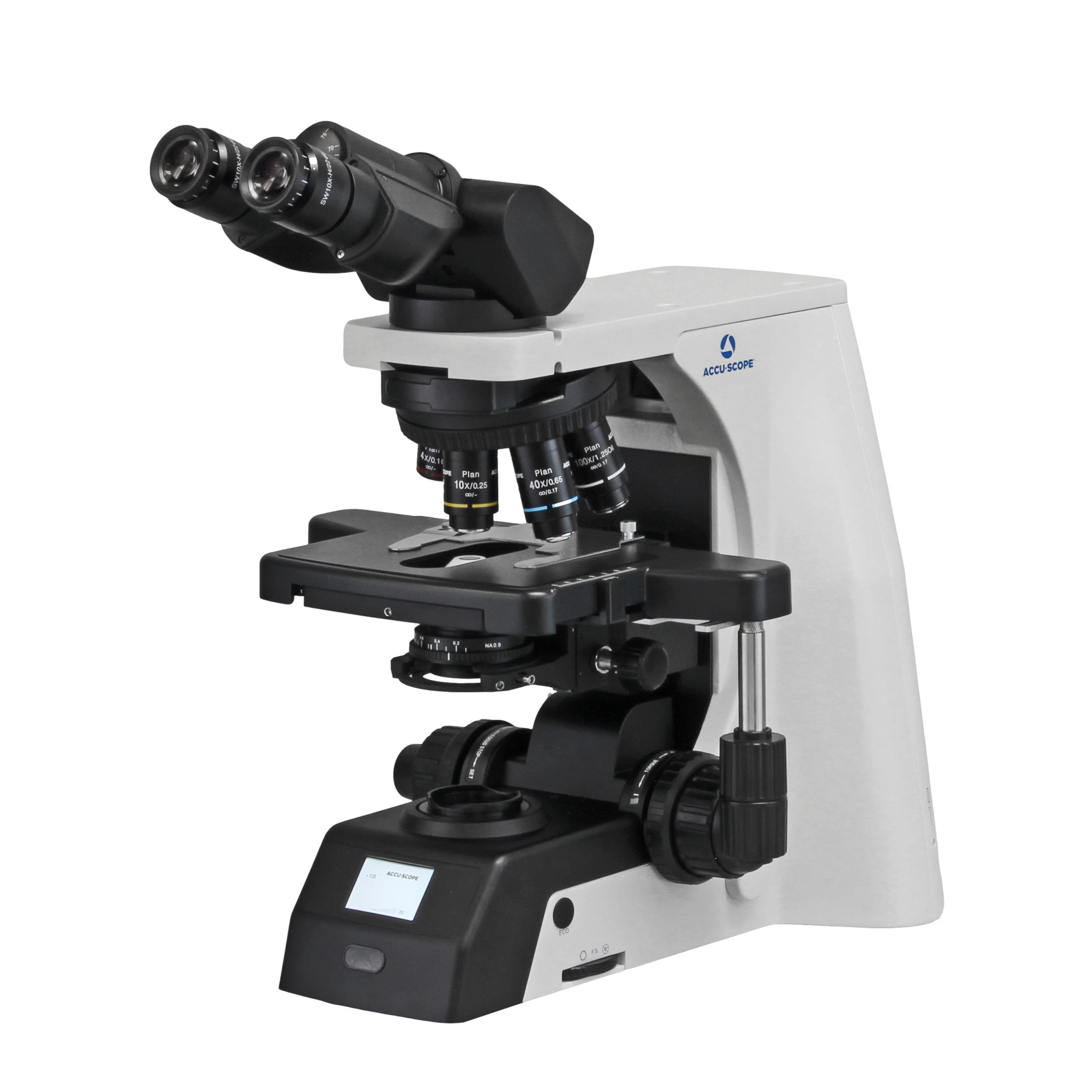 Light gray laboratory microscope with black eyepieces and stage, branded 'Accu-Scope'.
