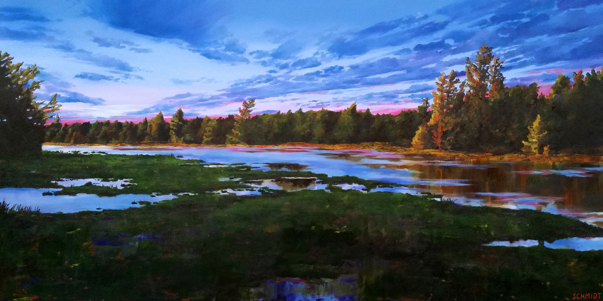 A landscape painting of a river with reflections, surrounded by trees under a vibrant sky with blue, pink, and purple clouds.