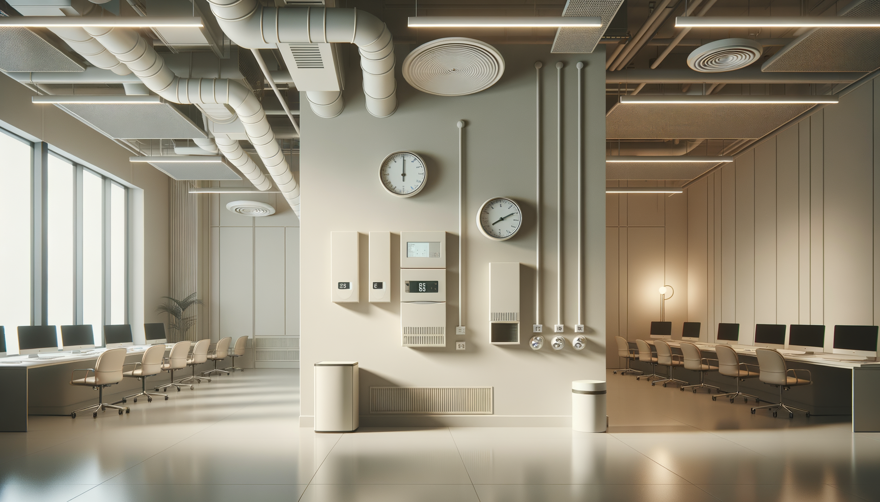 Modern office with rows of desks and computers on each side, large windows letting in natural light, and a central wall with clocks, electrical panels, and vents, giving a clean, minimalistic and professional atmosphere.