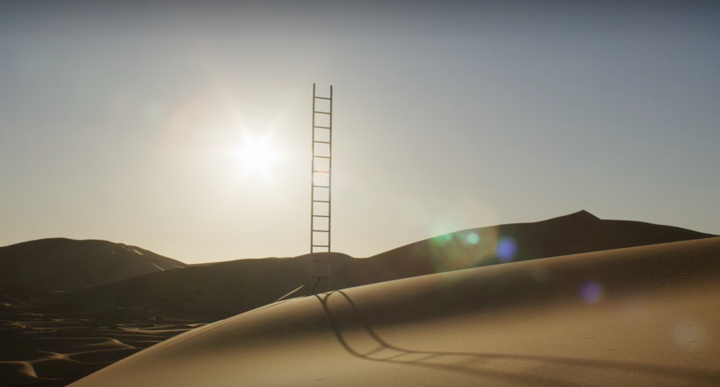 Sandy desert landscape with rolling dunes under a bright sun, with a tall ladder-like structure casting a shadow on the sand.