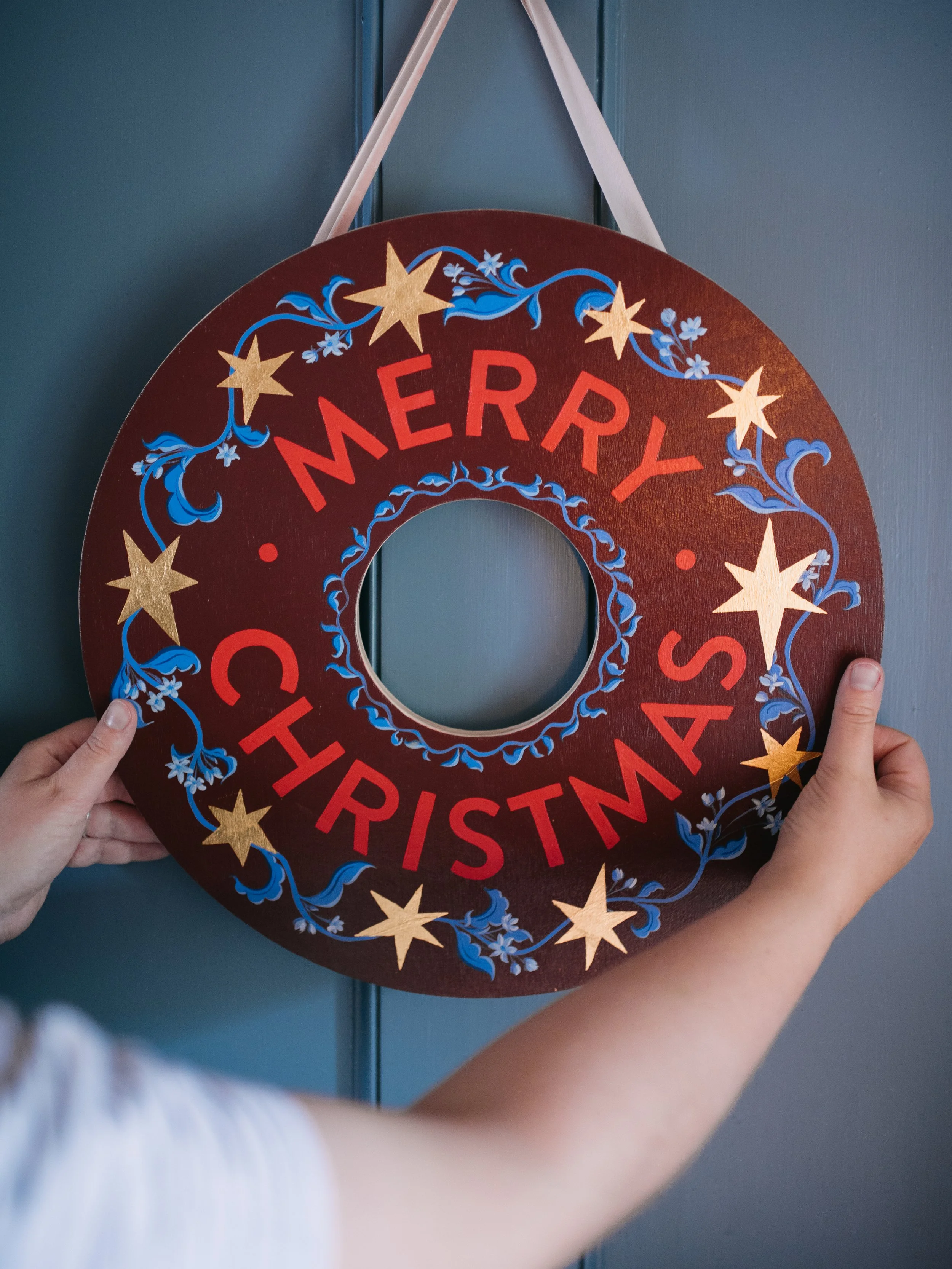 'Midnight Frost' - Hand-Painted Wooden Christmas Wreath