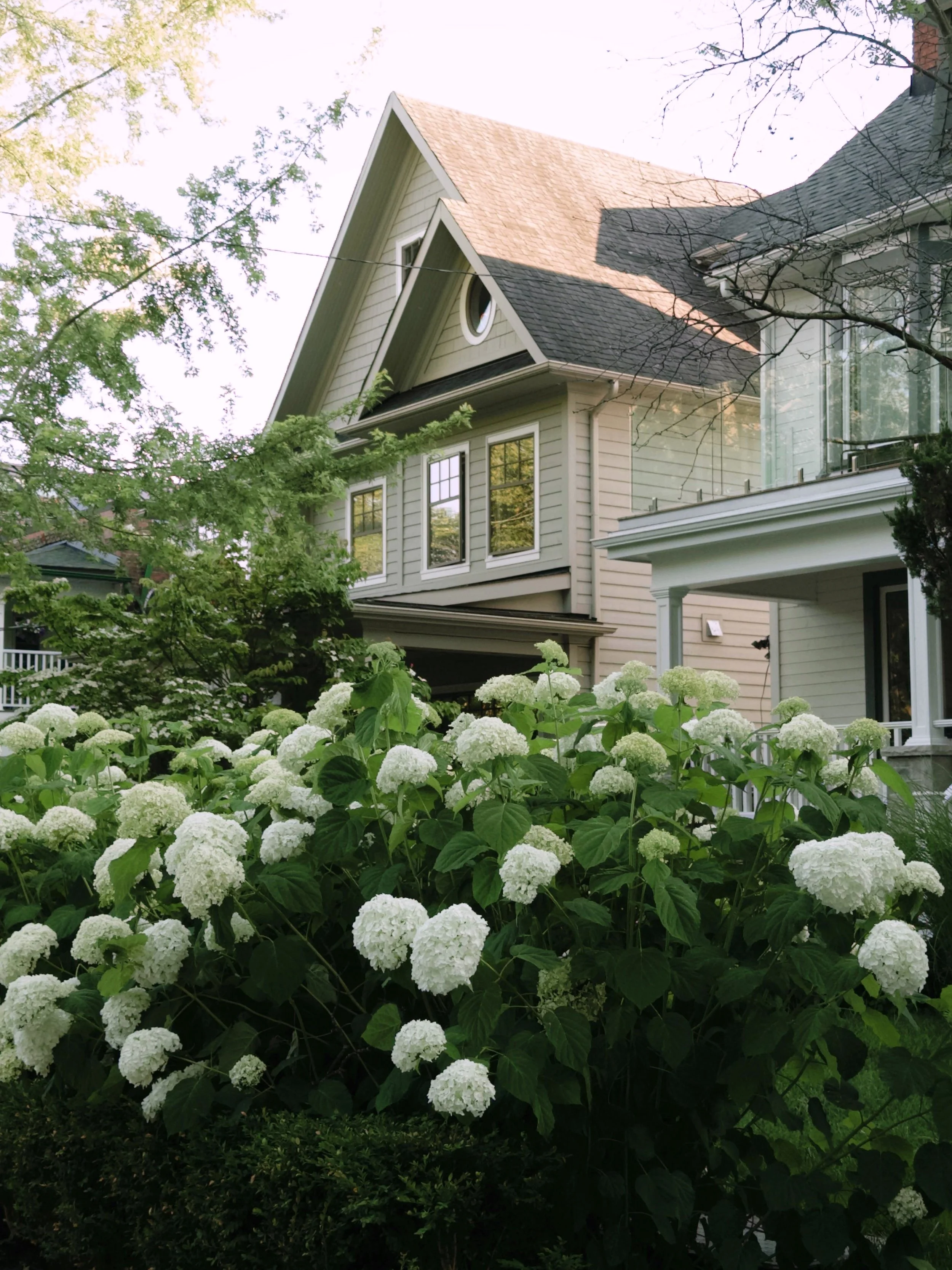 Reading Massachusetts neighborhood homes with porches and hydrangea bushes
