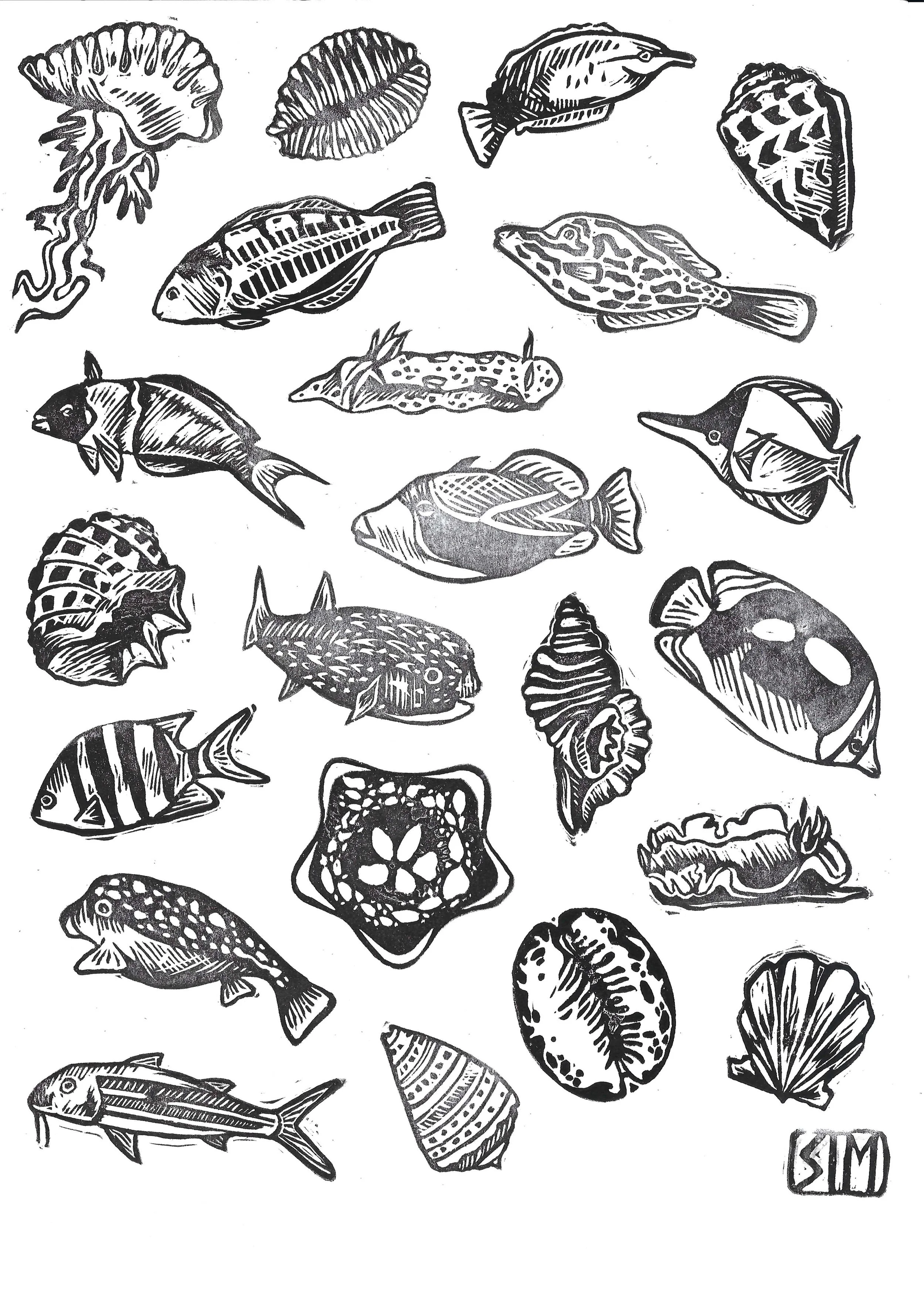 "Hawaiian Marine Fauna", Linoleum carving print, 2026