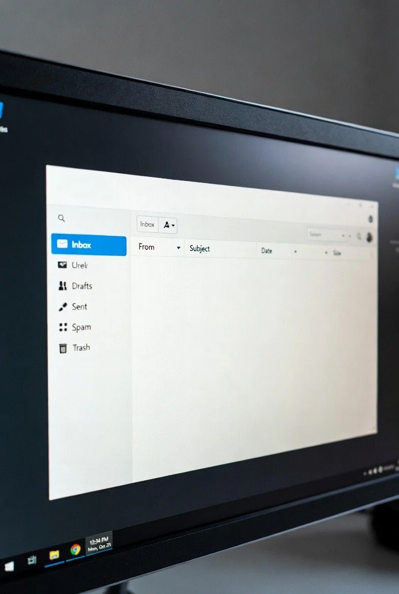 Computer screen displaying an email inbox with folders for Inbox, Urek, Drafts, Sent, Spam, and Trash.