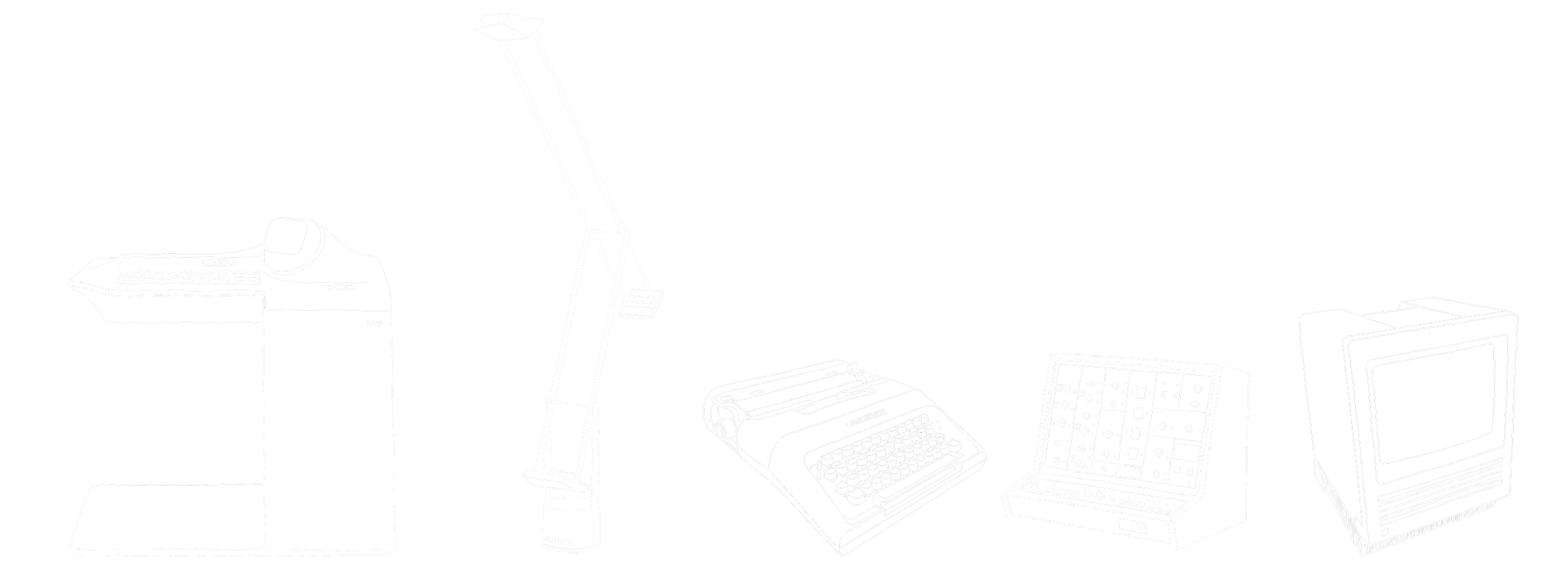Linienzeichnung von vintage elektronischen Musikinstrumenten und Geräten, einschließlich eines Synthesizers, eines Mikrofonständers, eines Kassettendeck, eines Mischpults und eines alten Monitors, alle auf schwarzem Hintergrund.