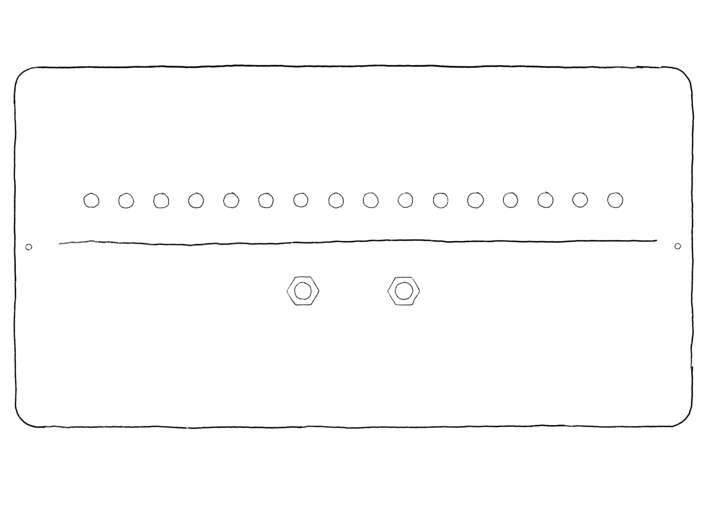 Skizze eines elektronischen Geräts mit mehreren Touchschaltern, Drehknöpfen, zwei Schrauben und einem großen rechteckigen Display