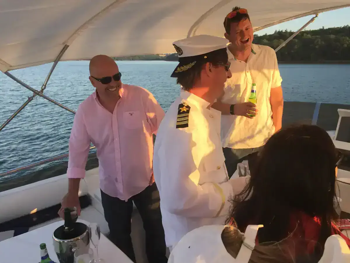 Guests enjoying luxury powerboat hospitality during Cowes Week