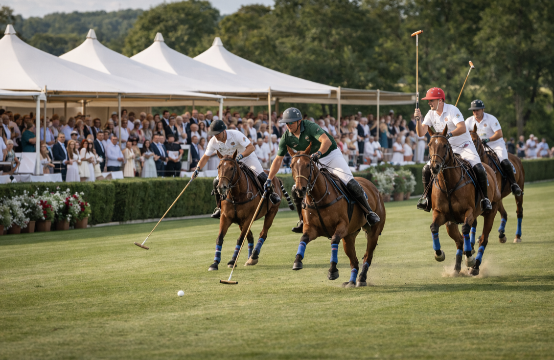Polo players riding horses and hitting a ball on a polo field with spectators under tents in the background.
