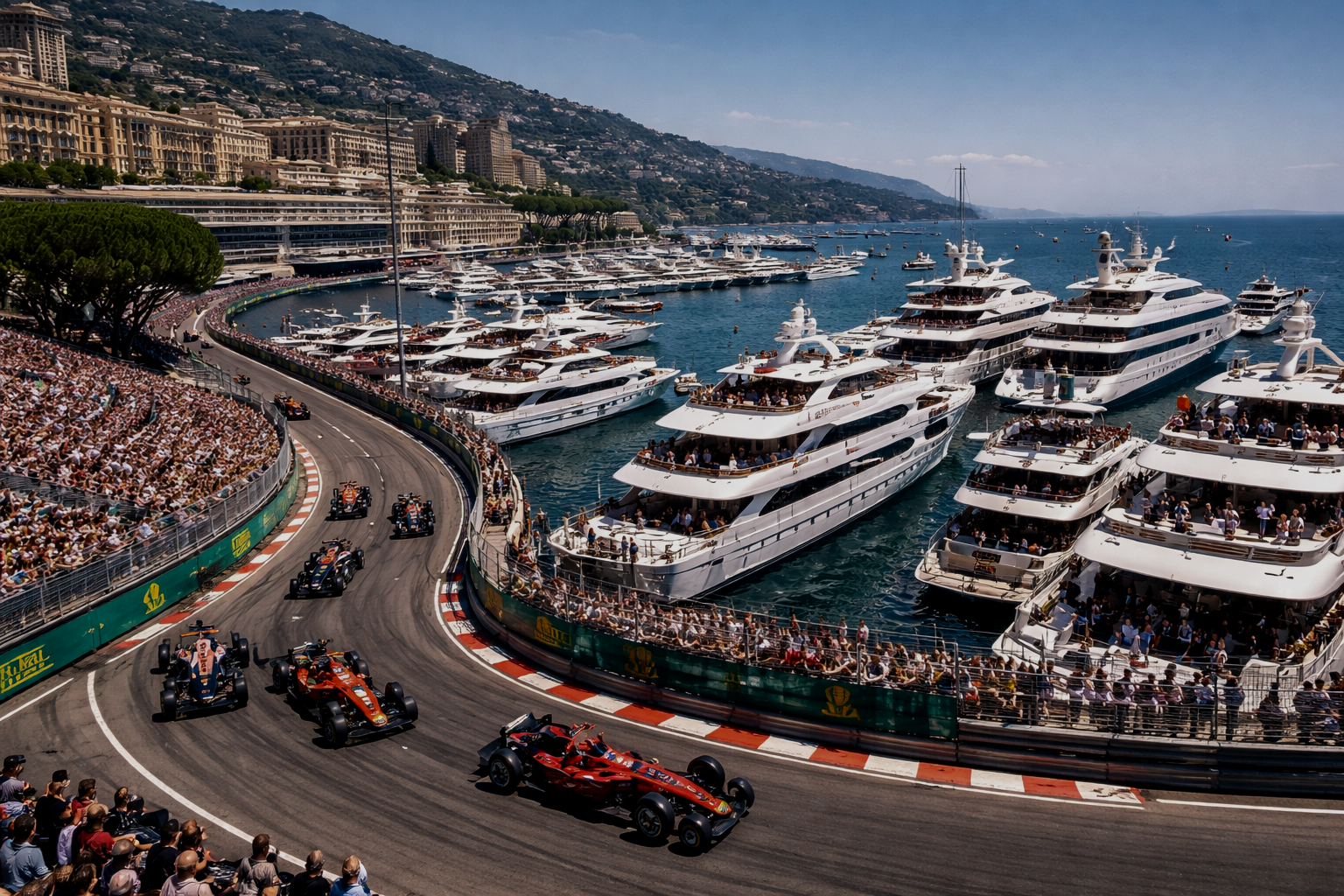 Formula 1 race cars speeding on a street circuit near a marina filled with yachts, spectators watching from the stands, and buildings on a hillside.