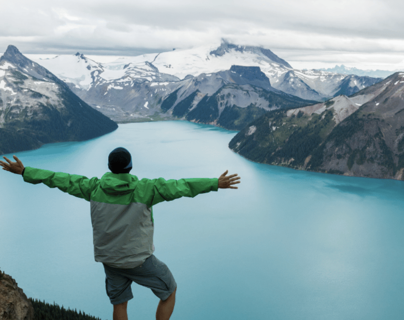 A person in a green jacket with arms outstretched standing on a mountain overlooking a large turquoise lake surrounded by snow-capped mountains under a cloudy sky.