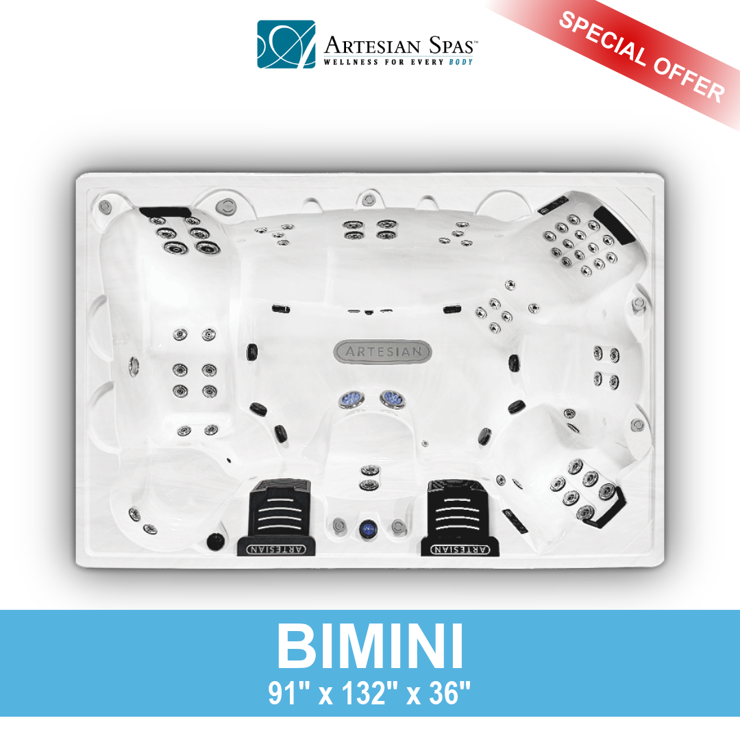 A white Artesian Spas Bimini hot tub with multiple built-in water jets, control panels, and seating areas, displayed in an advertisement with a special offer banner.
