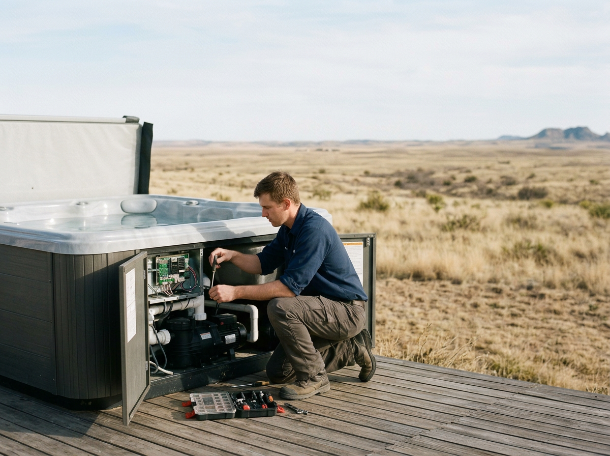 A man working on a hot tub outside on a wooden deck in a desert landscape, with tools laid out nearby.