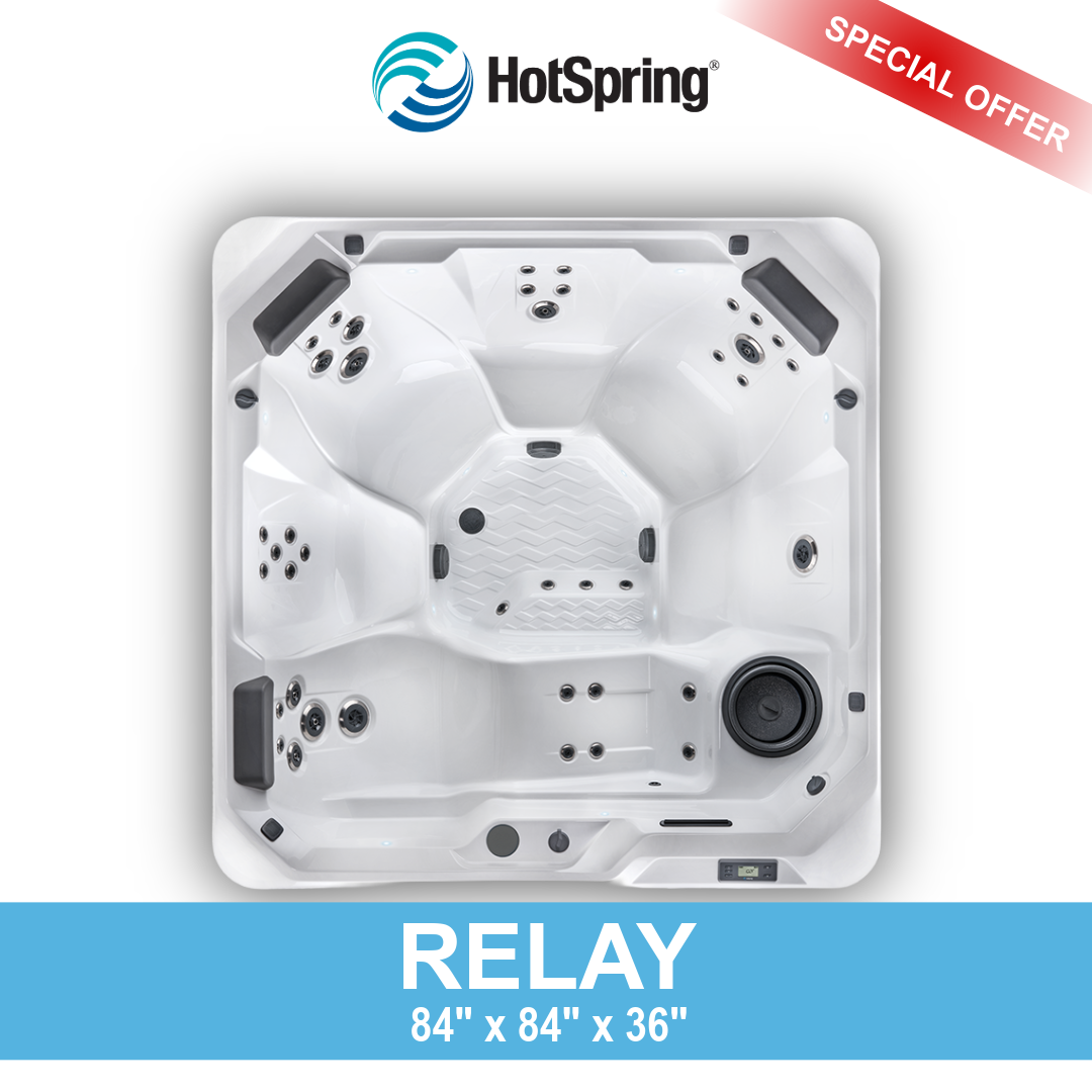 An 84 inch by 84 inch by 36 inch HotSpring relay hot tub with multiple jets, seating areas, and a speaker, featured as a special offer.