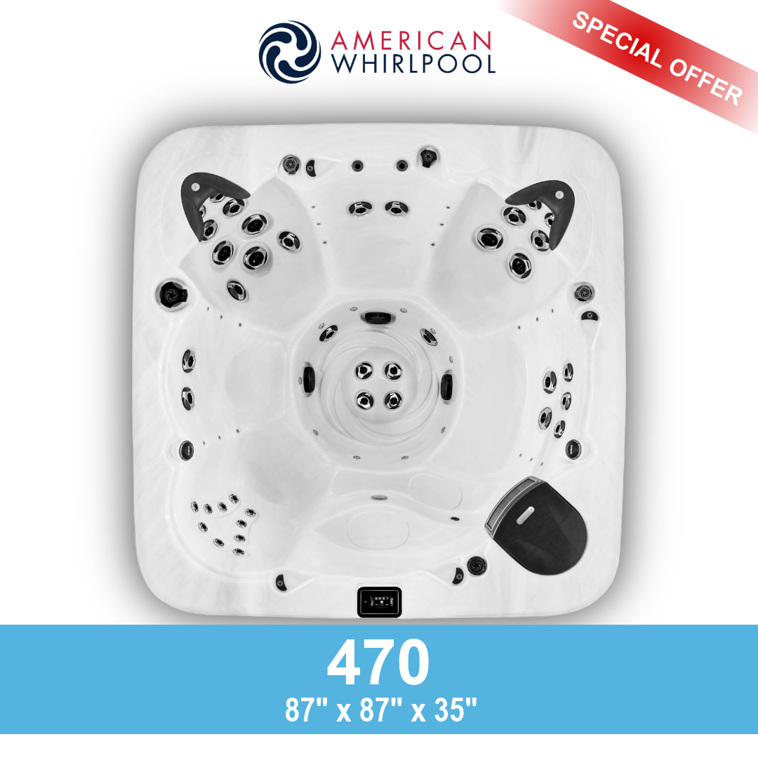 An American Whirlpool hot tub, model 470, with dimensions 87 inches by 87 inches by 35 inches, featuring multiple jets, armrests, and a control panel.