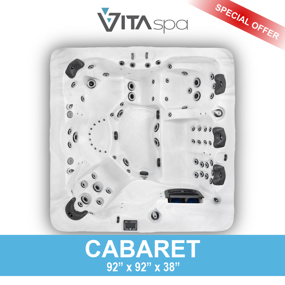 A top view of a white hot tub with multiple jets, seating areas, and control panel, labeled 'VITA spa' and 'CABARET 92'' x 92'' x 38'',' with a red banner in the top right corner reading 'SPECIAL OFFER.'