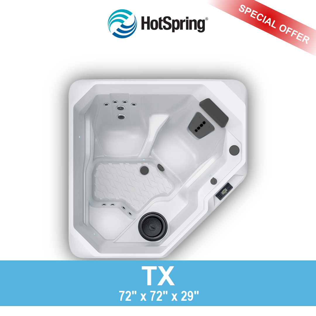 Top view of a HotSpring hot tub model TX with dimensions 72 inches by 72 inches by 29 inches, featuring multiple seating areas, jets, and a control panel, labeled as a special offer.
