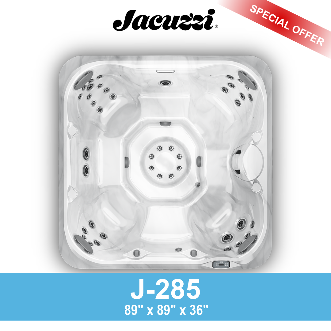White Jacuzzi hot tub with multiple jets and seating for four, featuring black jet accents, control panel, and two cup holders, advertised as model J-285 with dimensions 89 by 89 by 36 inches, on a promotional flyer with a red banner labeled 'Special Offer'.