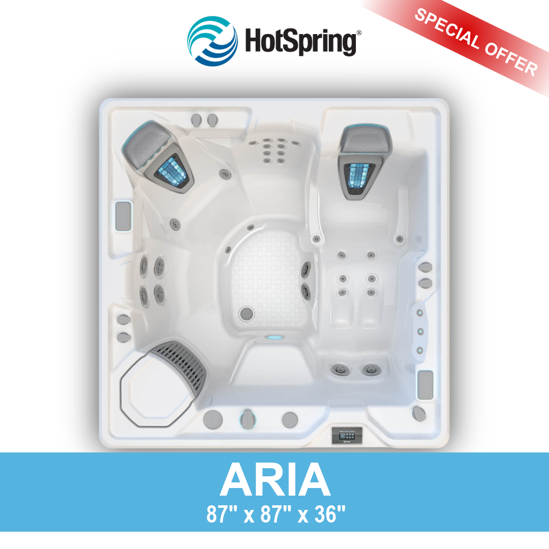 Top view of a HotSpring ARIA hot tub with blue LED lights, jets, and control panel, labeled as 87 inches by 87 inches by 36 inches, with a red banner saying 'SPECIAL OFFER' in the top right corner.