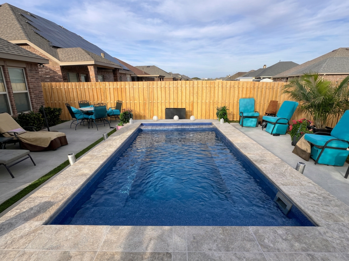 Backyard with a rectangular swimming pool, surrounded by lounge chairs and patio furniture, enclosed by a wooden fence, with neighboring houses in the background under a partly cloudy sky.