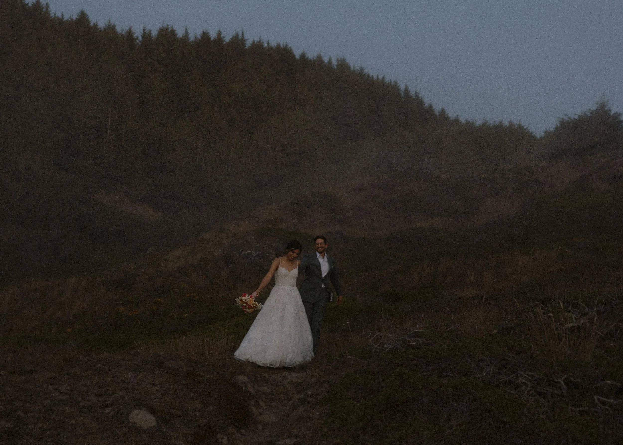 A bride and groom holding hands, walking outdoors during twilight, with mountains and dense forest in the background.