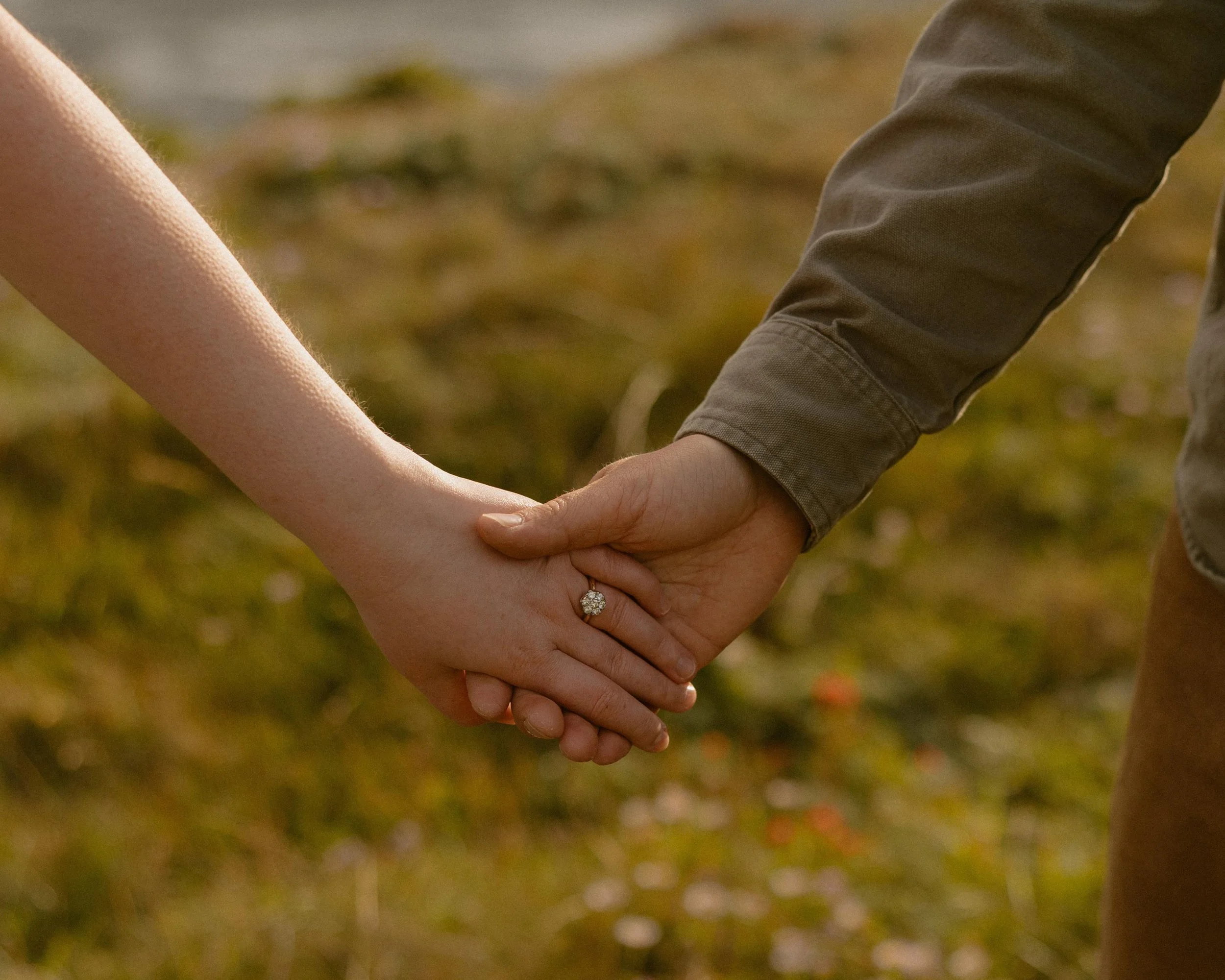 A close-up of a couple holding hands outdoors, with a blurred grassy background. The woman is wearing a ring with a large gemstone.