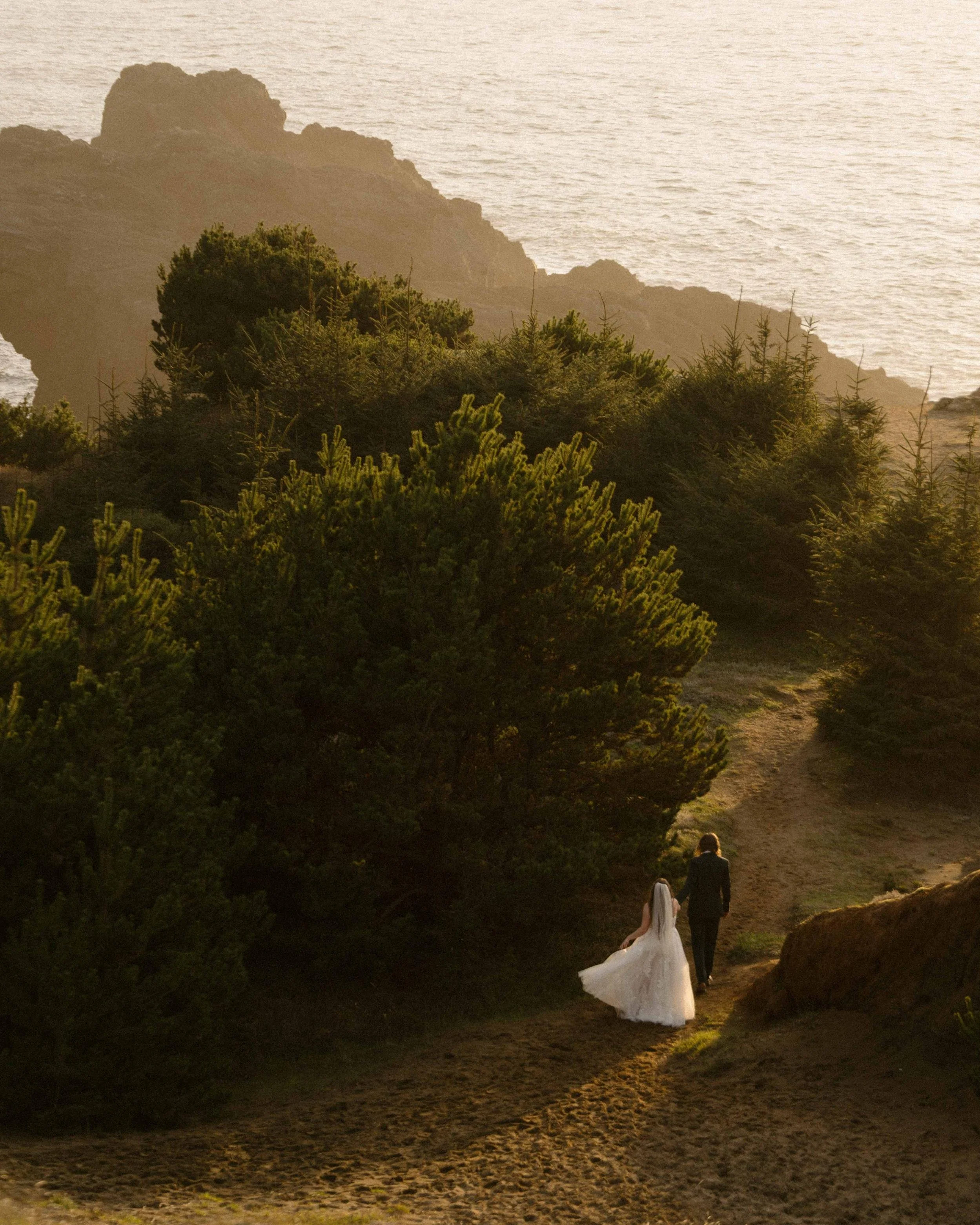 A bride and groom walking on a dirt trail through lush green bushes along a coastal cliffs at sunset, with textured rocky cliffs and the ocean in the background.