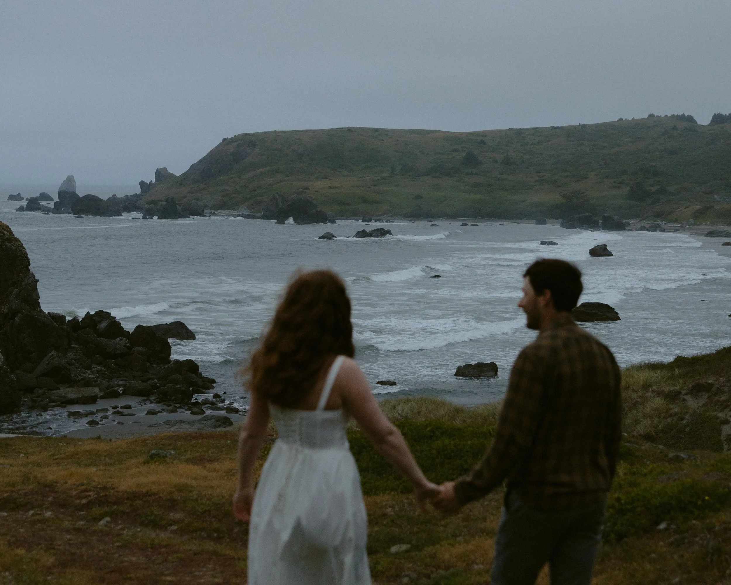 People holding hands on a grassy shoreline near the ocean, with rocky formations and a hill in the background on an overcast day.