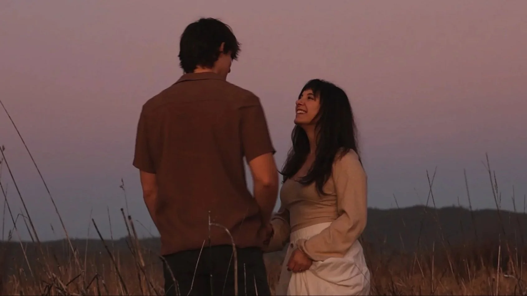 A man and woman standing in a field at sunset, smiling and holding hands, looking at each other.