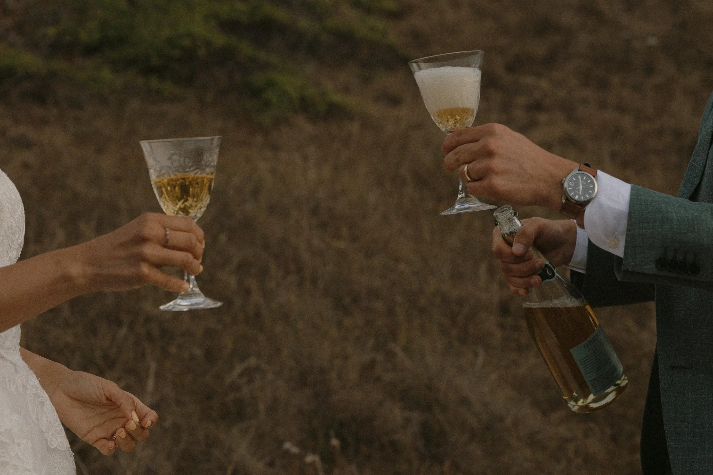 Two people toasting with glasses of champagne outdoors, with one person wearing a smartwatch and the other wearing rings.