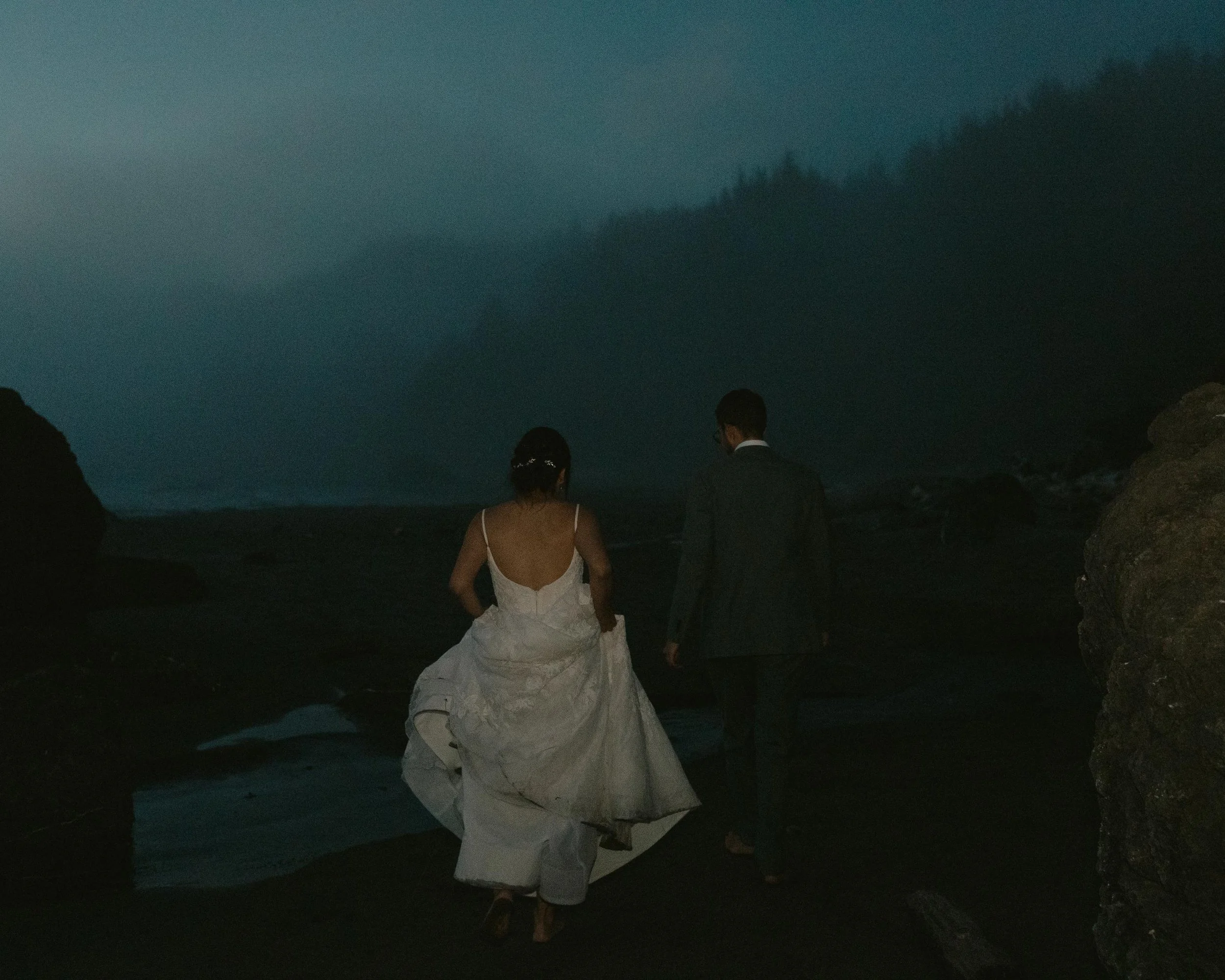 A bride in a white wedding dress and a groom in a dark suit stand on a rocky shoreline at night, facing the ocean with a mountain and forest in the distance, under a dark sky.