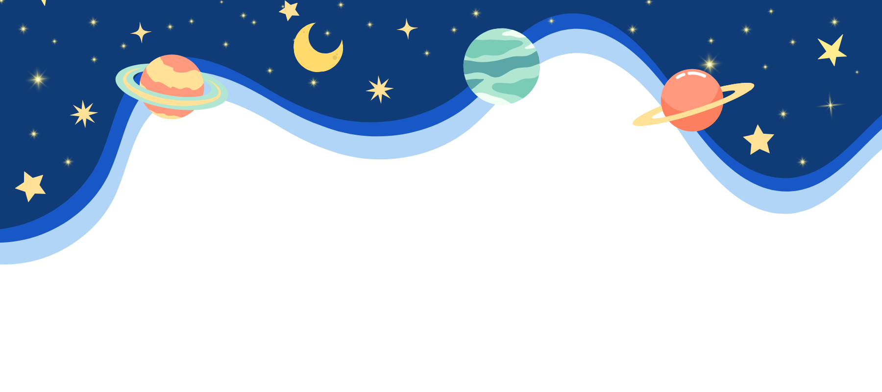 wavy graphic with navy background and yellow stars and colorful planets