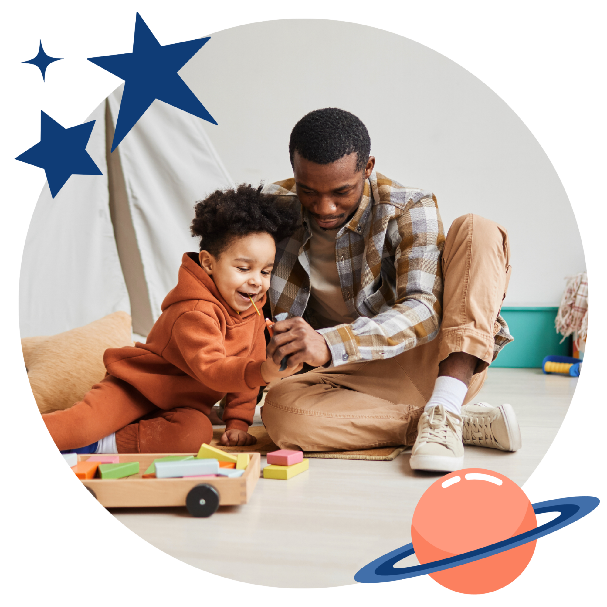 Father and son sitting on the floor playing blocks together, father is using strategies learned during in-home ABA therapy in Apollo Beach, FL