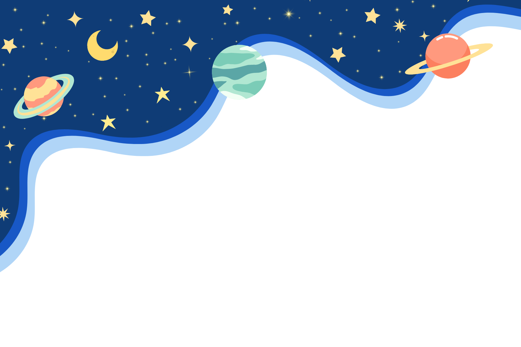 wavy graphic with navy background and yellow stars and colorful planets