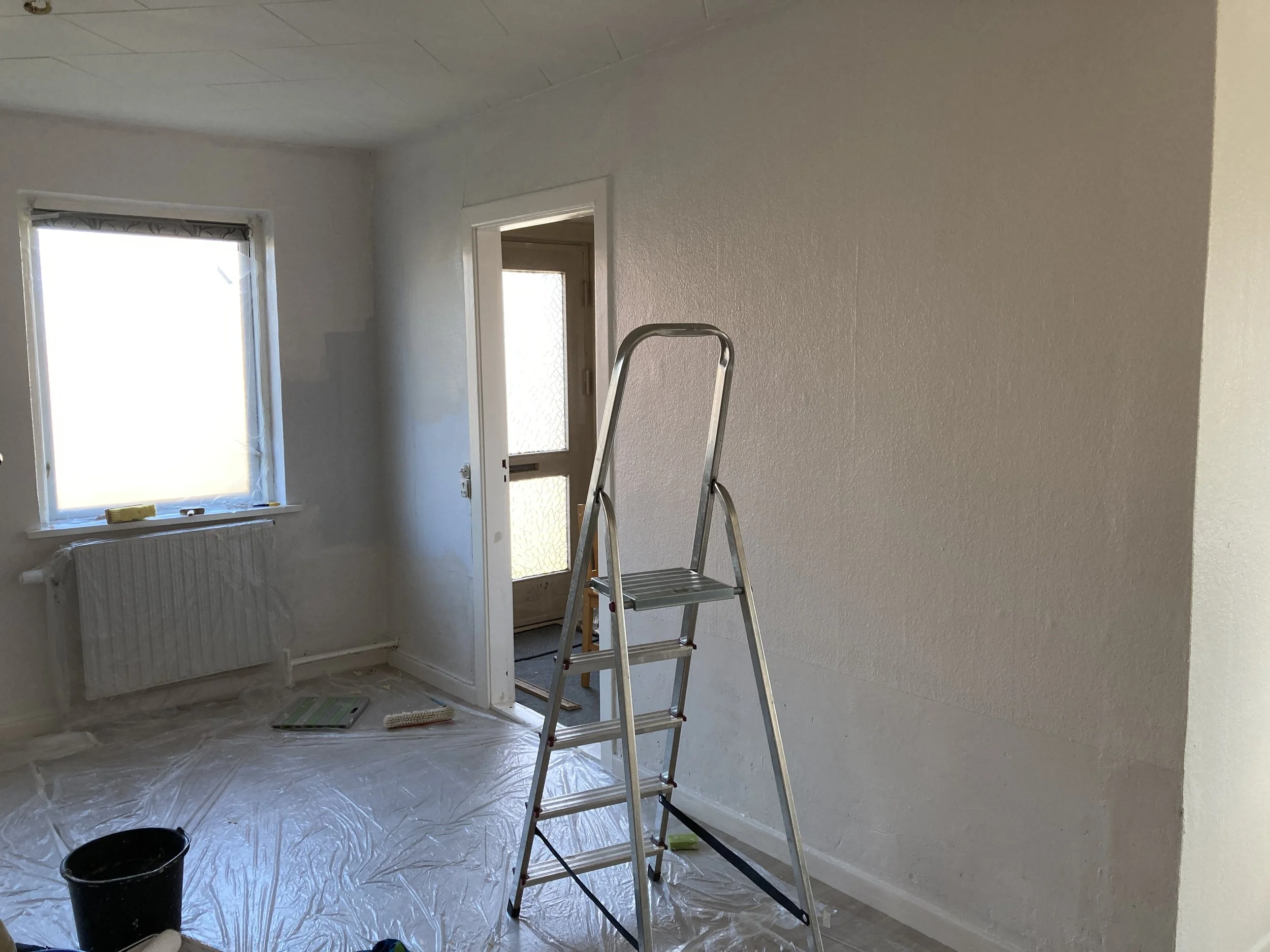 Room under renovation with painter's plastic covering the floor, a step ladder, window, radiator, and door to an outside area.