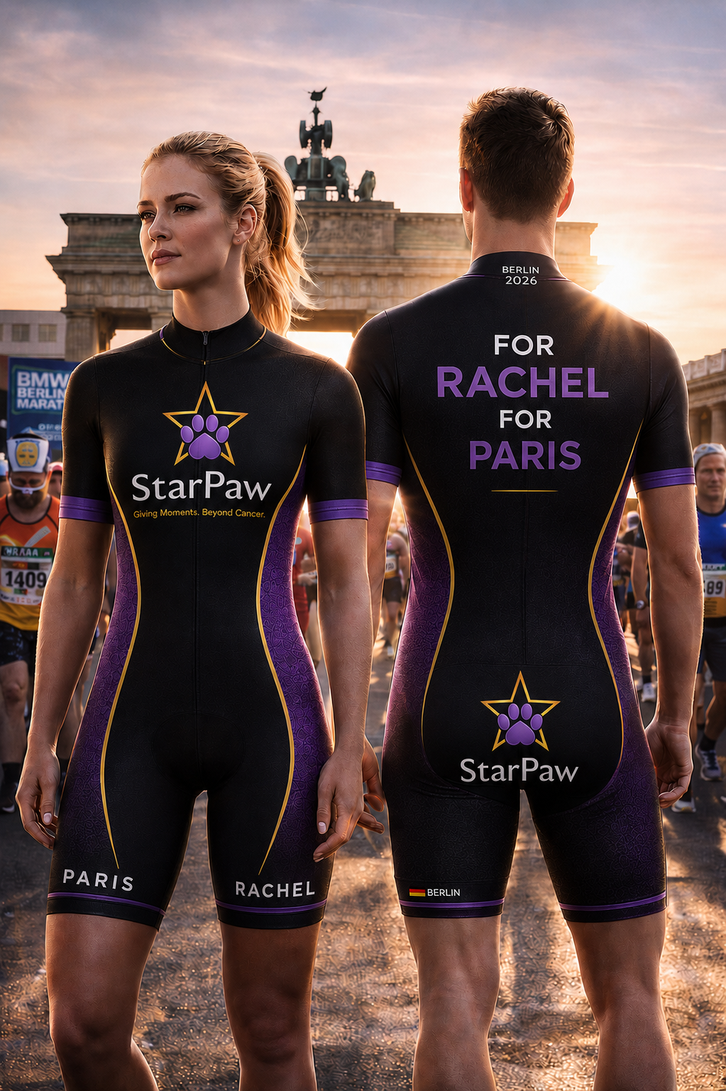 Two marathon runners in black and purple compression suits stand in front of the Brandenburg Gate at sunset in Berlin. The woman’s suit has a StarPaw logo and the word 'Paris,' while the man’s suit has a message supporting Rachel for Paris and 'Berlin 2026' on the back.