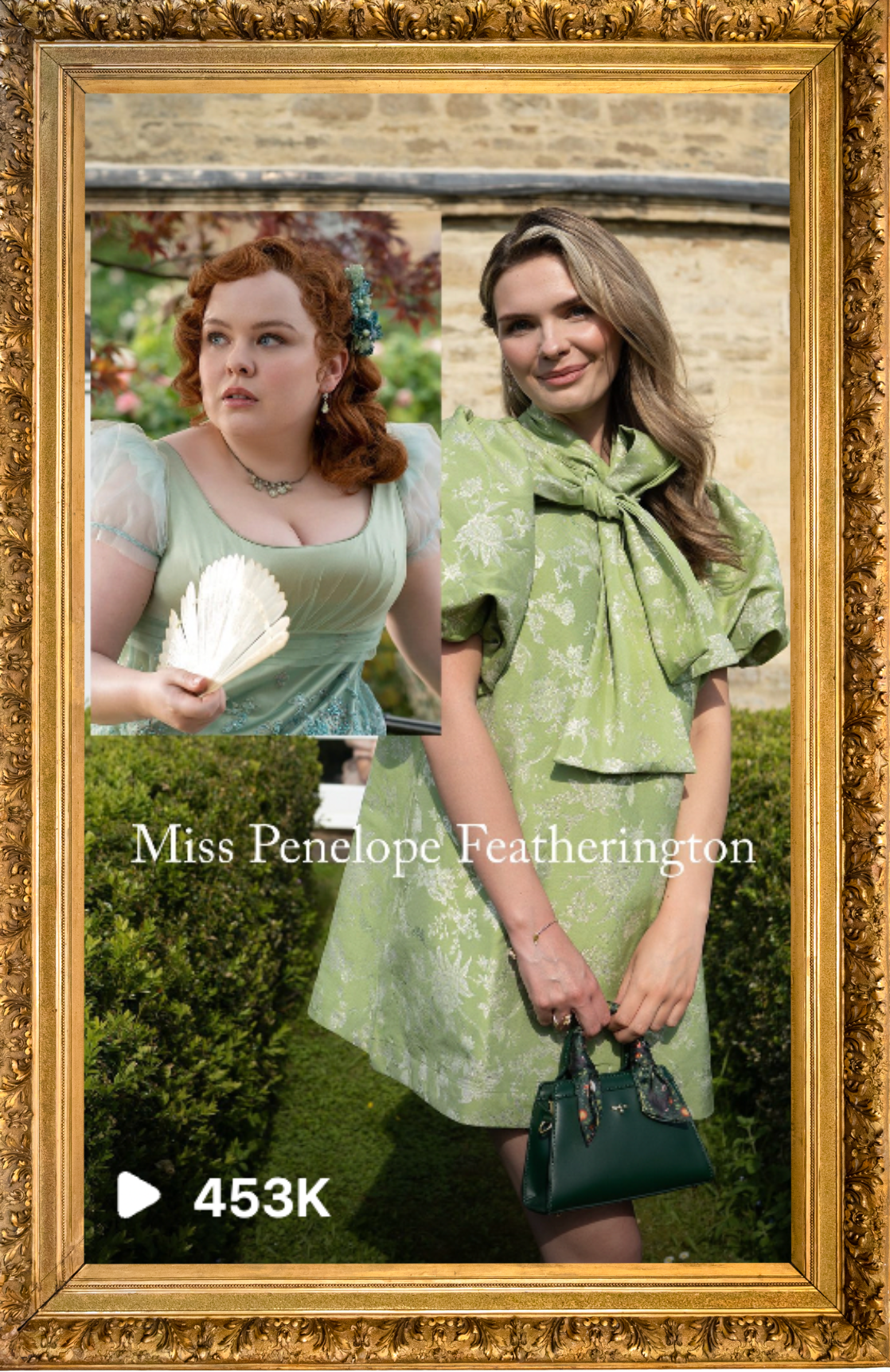Framed promotional poster features a woman in a green floral dress holding a handbag, and the text "Miss Penelope Featherington" and a play icon with "453K" indicating video views. Viral content creation for small businesses. 