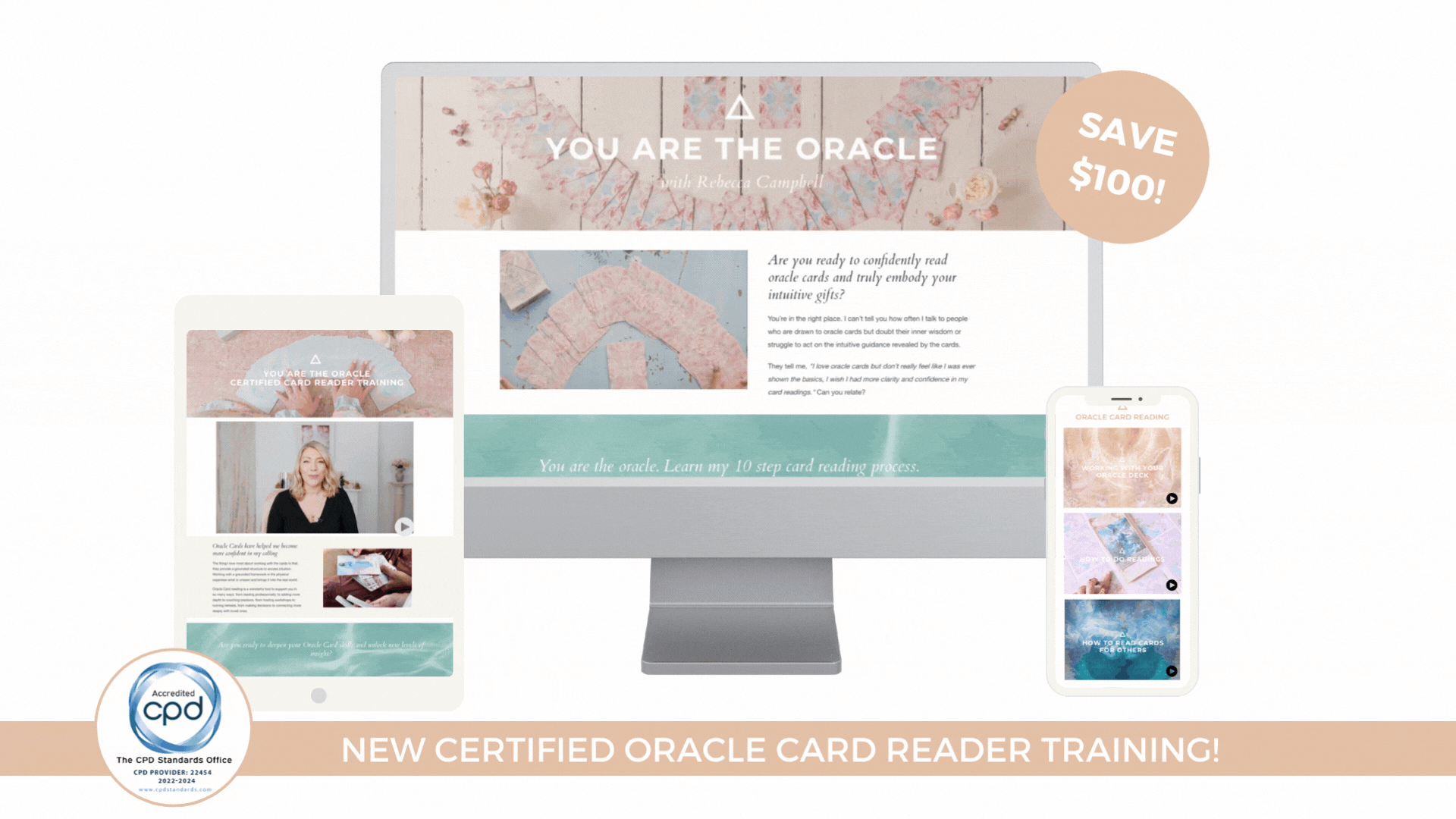 A computer monitor, tablet, and smartphone display a website offering Oracle card reading and training. Email marketing support by Imogen for remote and local businesses. 