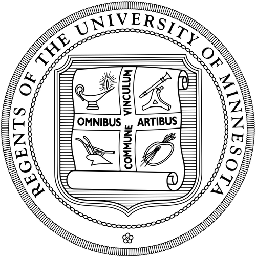 Seal of the University of Minnesota featuring a shield with symbols of a lamp, a telescope, a quill, and a painter's palette, surrounded by the text 'Regents of the University of Minnesota'.