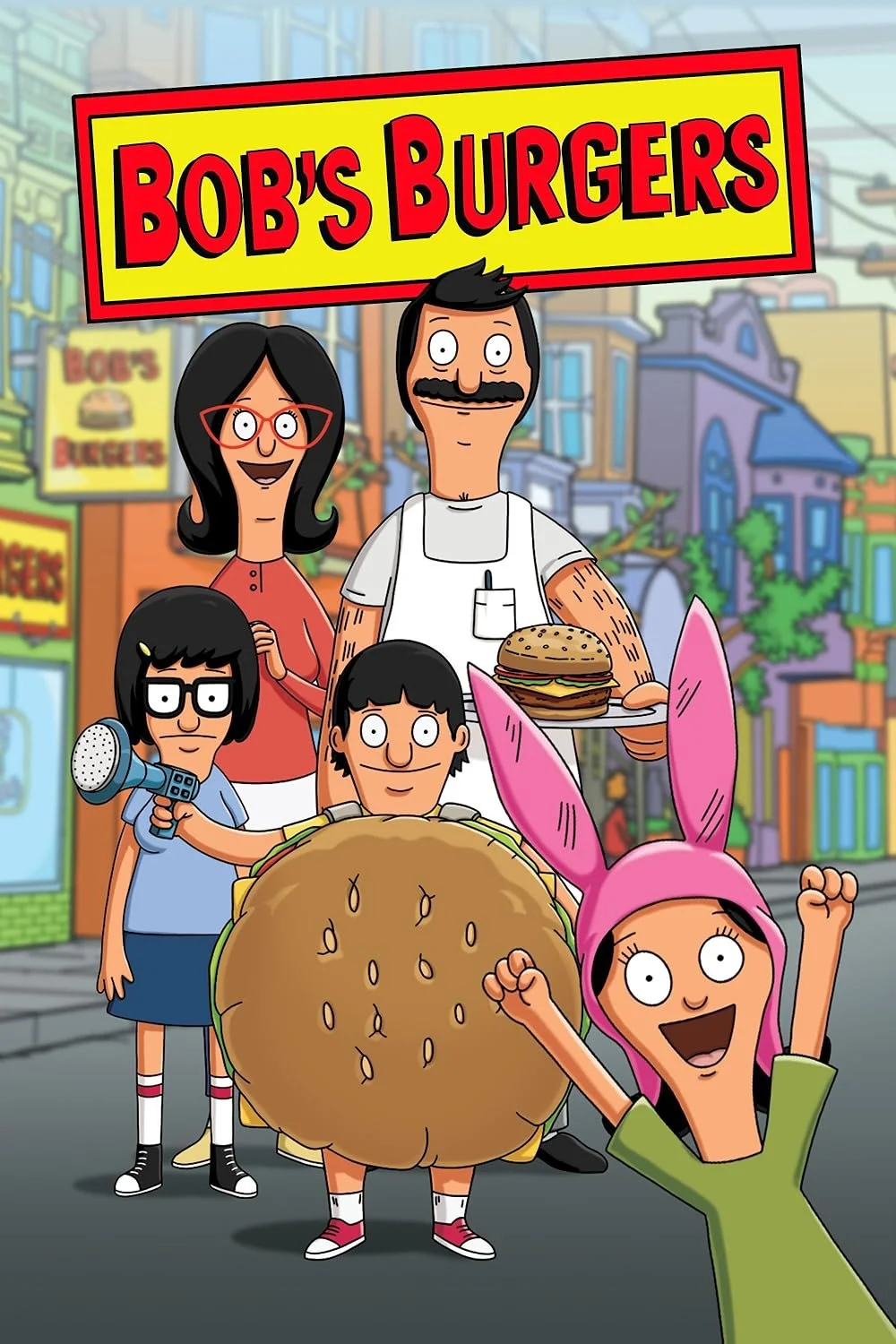Animated family scene in front of Bob's Burgers restaurant, featuring a woman with glasses and a daughter with a microphone, a man holding a burger, and a girl in a pink bunny costume cheering.