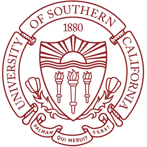 Seal of the University of Southern California, featuring a shield with a sunset and rays, four torches, and graduated text, with the university name and founding year 1880 surrounding it.