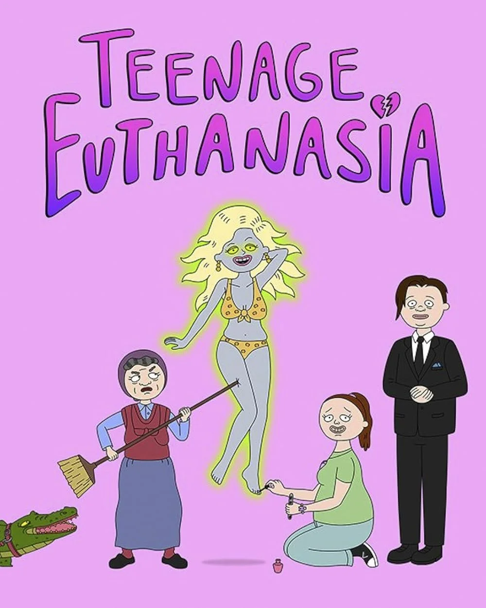 Cartoon illustration of a woman with long blonde hair in a bikini, surrounded by various people and a crocodile, on a purple background. The title reads "Teenage Euthanasia," with a broken heart symbol.