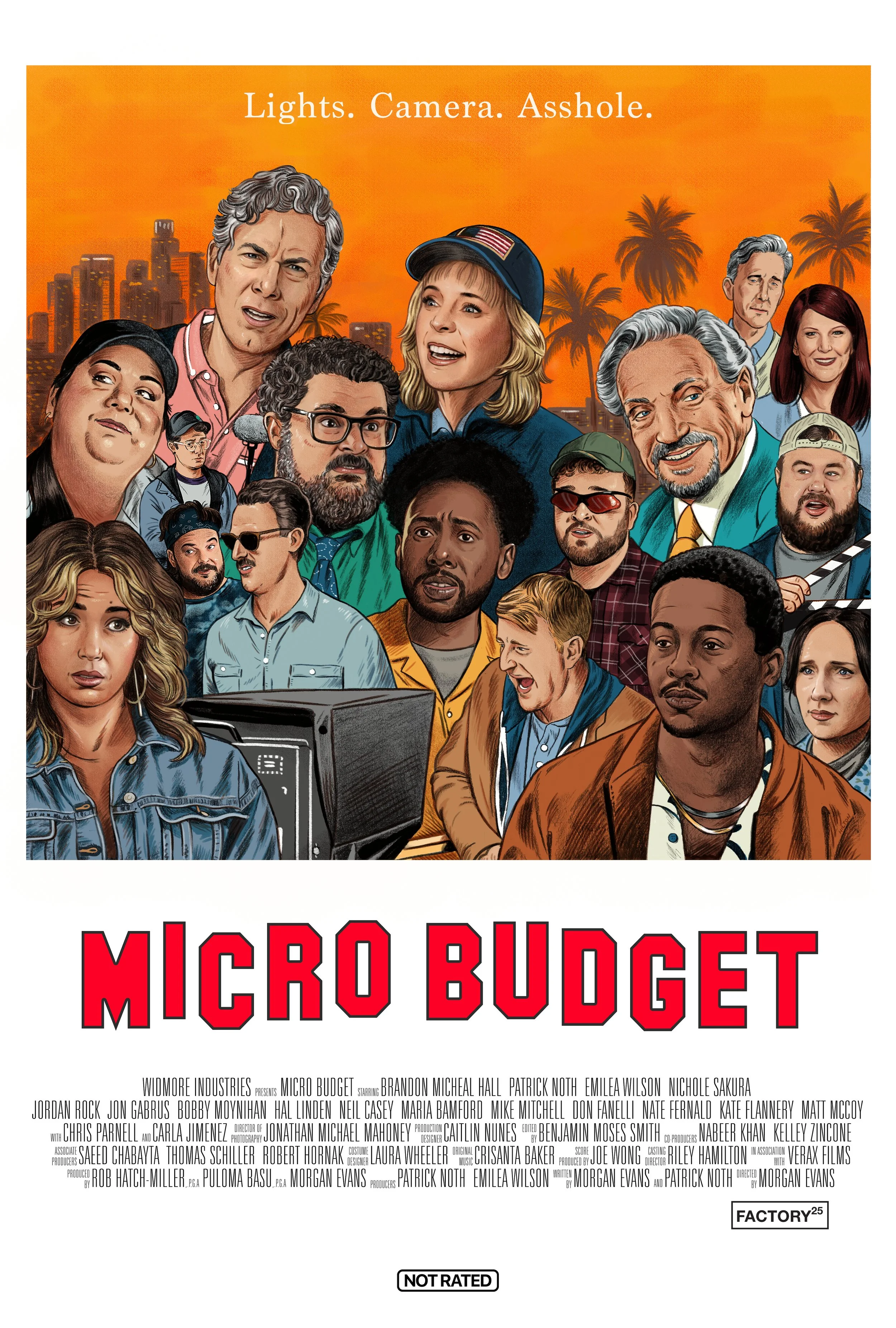 A colorful poster for the movie 'Micro Budget' features a cartoon illustration of a diverse group of people with an orange sunset background and palm trees. The title is in bold red letters, and there are lists of cast, crew, and production credits a