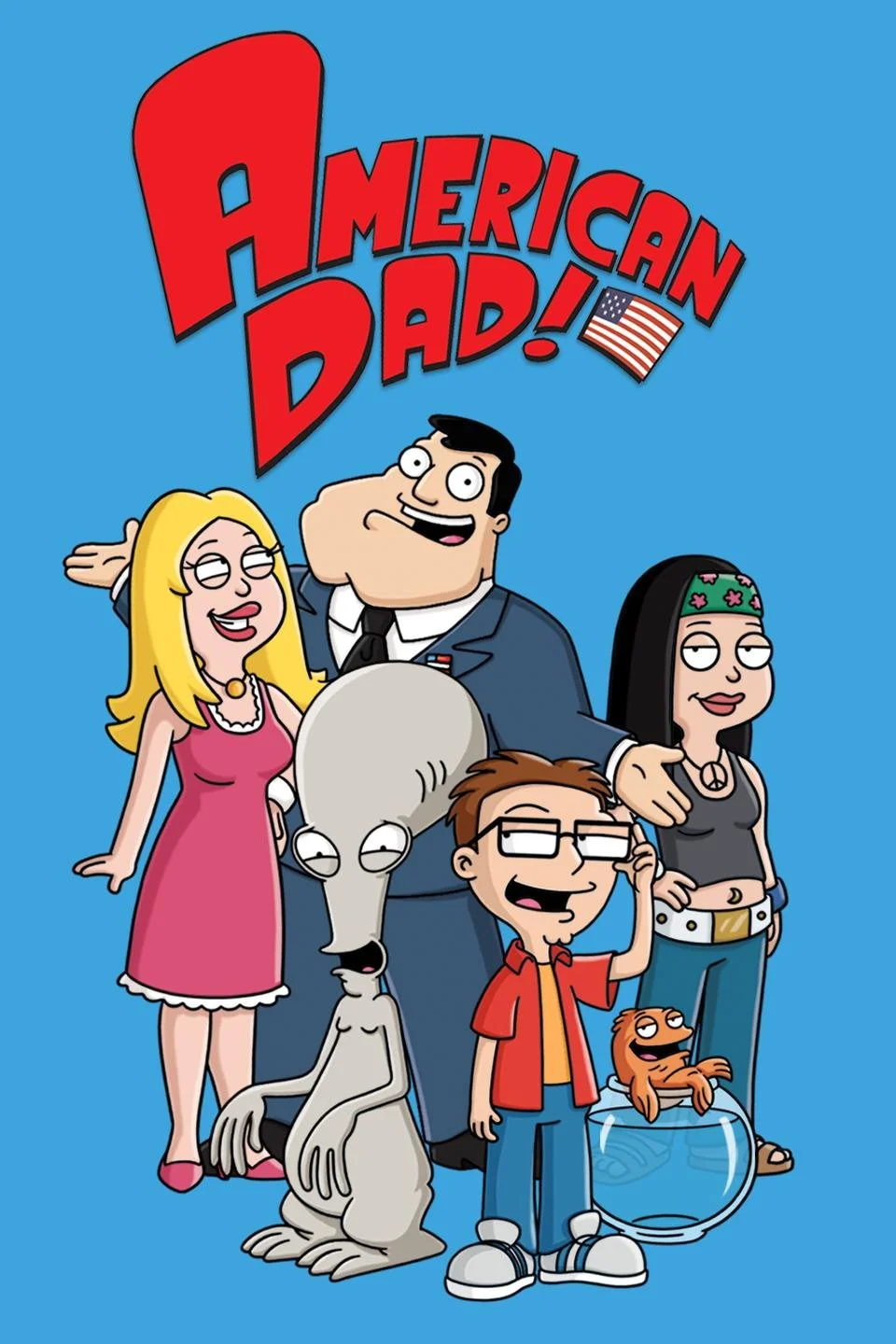 Animated characters from the TV show 'American Dad!' standing together, with the show title and an American flag above.