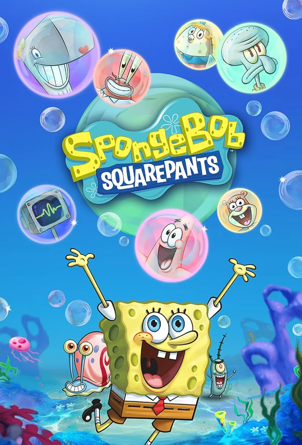 Cover art for SpongeBob SquarePants showing SpongeBob with arms raised, surrounded by anime-style bubbles with various expressions of characters like Squidward, Patrick, Sandy, and Gary underwater, with the show's logo in the center.