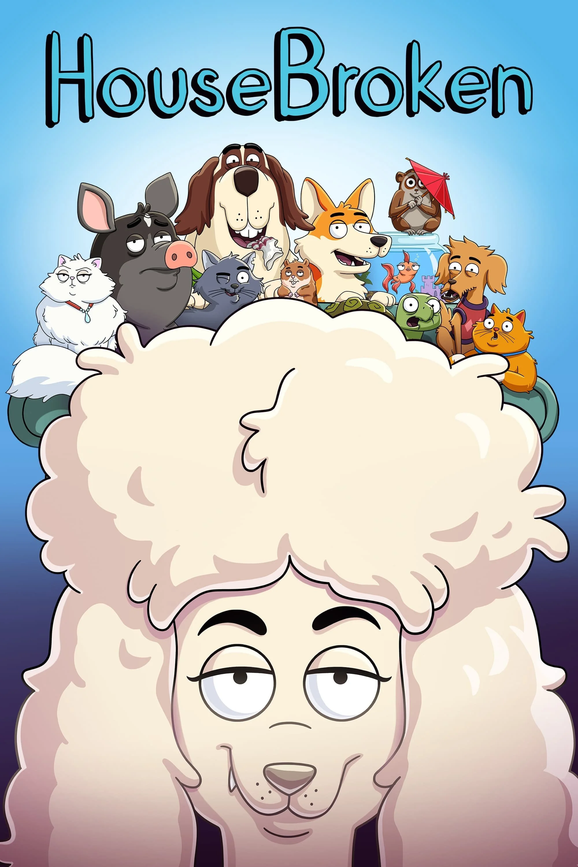 Illustration of a person with fluffy white hair and a calm facial expression, topped by multiple cartoon animals including a dog, cat, pig, rabbit, bird, turtle, fish, and a bear, arranged on their hair.