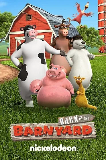 Animated characters from 'Back at the Barnyard' standing on a farm with a red barn and silo in the background, including cows, pigs, chickens, and a llama.