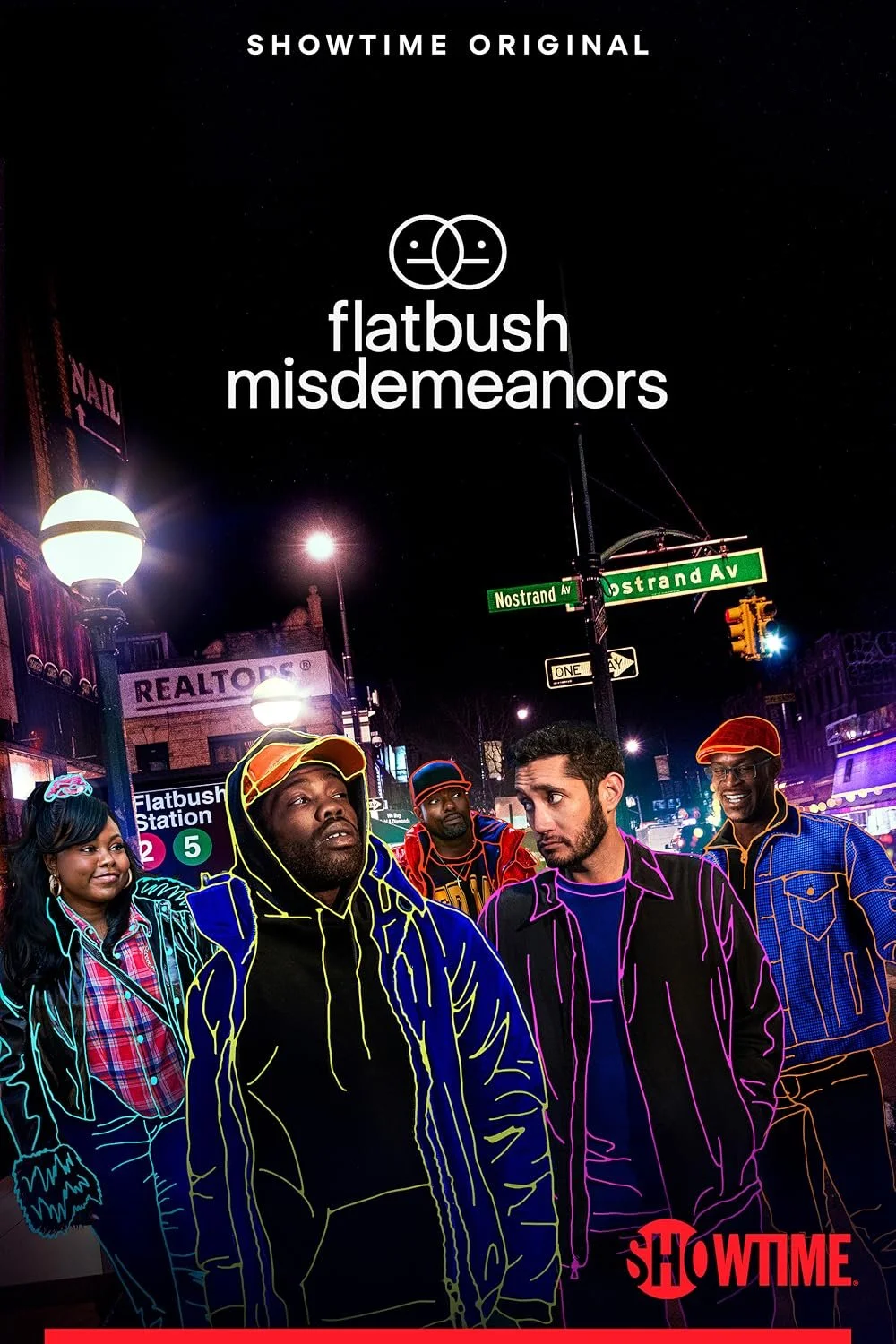 Promotional poster for Showtime series "Flatbush Misdemeanors" featuring a group of five diverse people standing on a city street at night, with neon outlines and street signs including Nostrands Avenue and a Metro station sign.