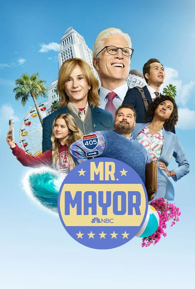 Promotional poster for the TV show 'Mr. Mayor,' featuring a collage of diverse characters against a cityscape background with palm trees, a Ferris wheel, and a beach ball, centered around a logo with the show's title.