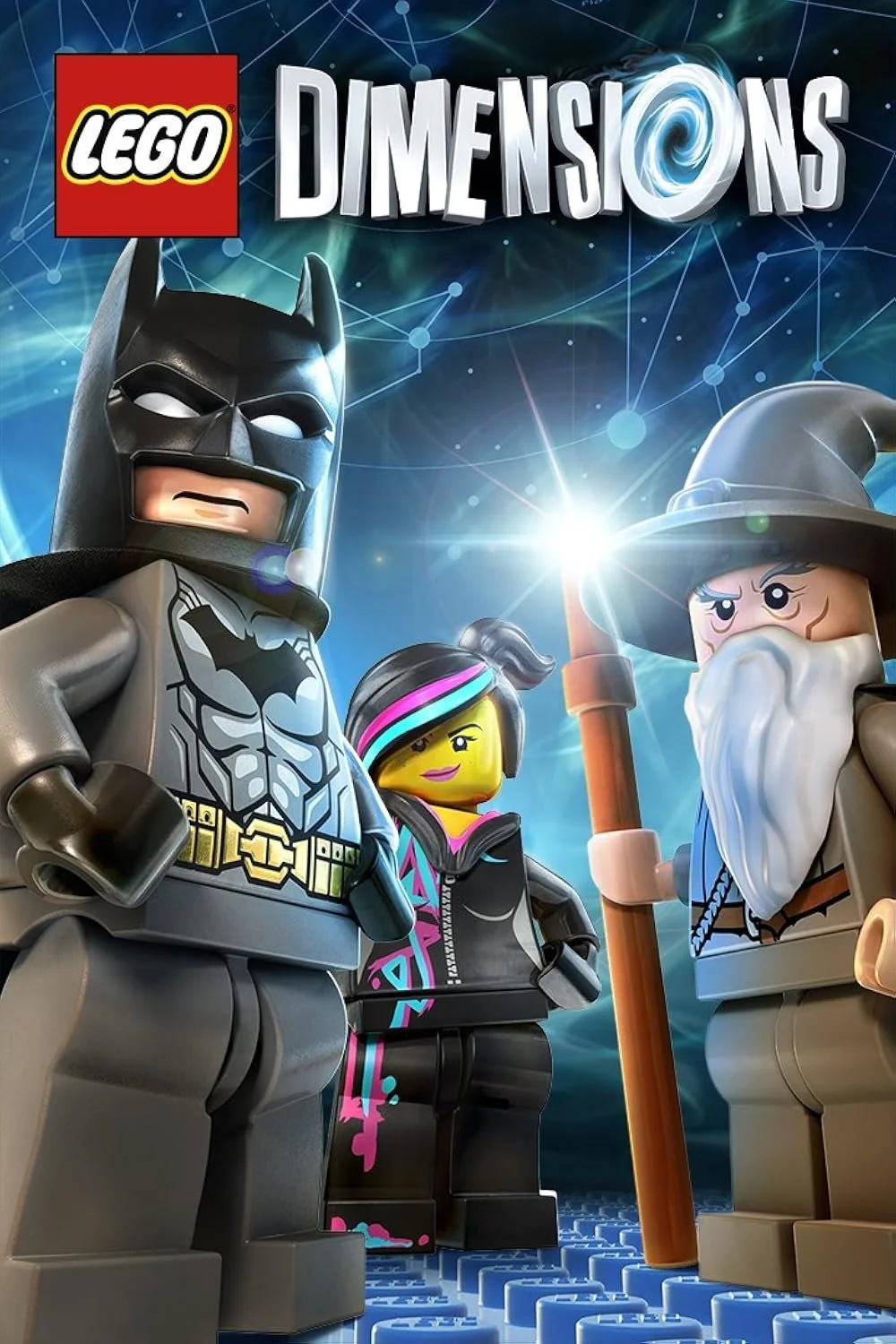 LEGO Batman, a female LEGO character, and a male LEGO wizard standing together with a cosmic background from the LEGO Dimensions game.